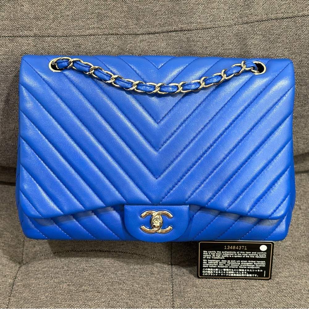 SOLD Chanel Chevron Blue Jumbo Classic Flap